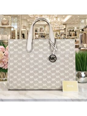 Michael Michael Kors White Gray Work Large‎ Laptop Tote   Design Bag